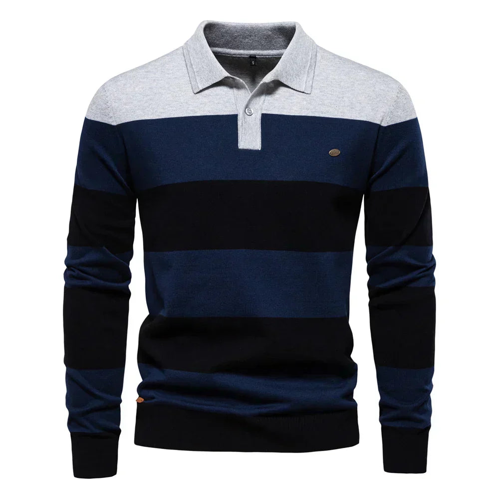 Evelyn | Elegant Long Sleeve Polo Neck Sweater in Striped Knit with Navy and Burgundy Tones