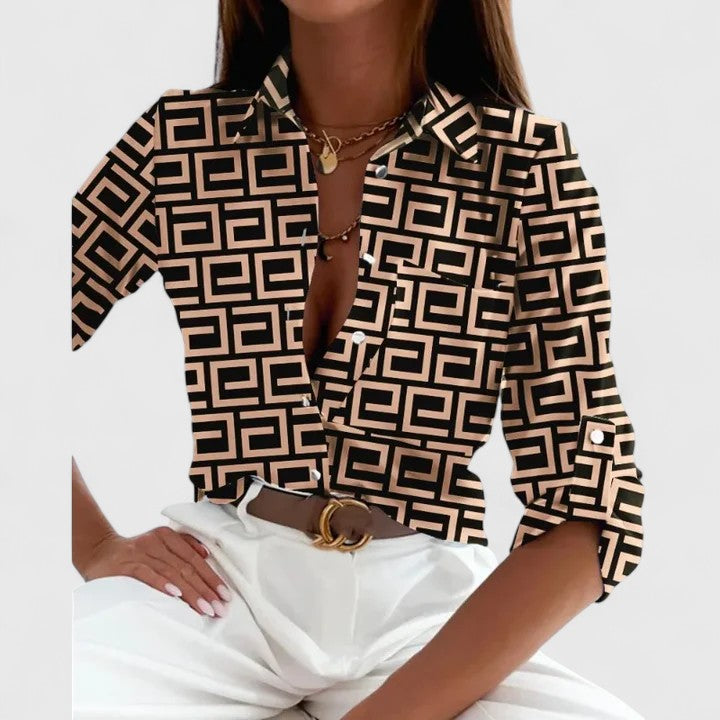 Calista | Elegant Black & Beige Geometric Long Sleeve Blouse