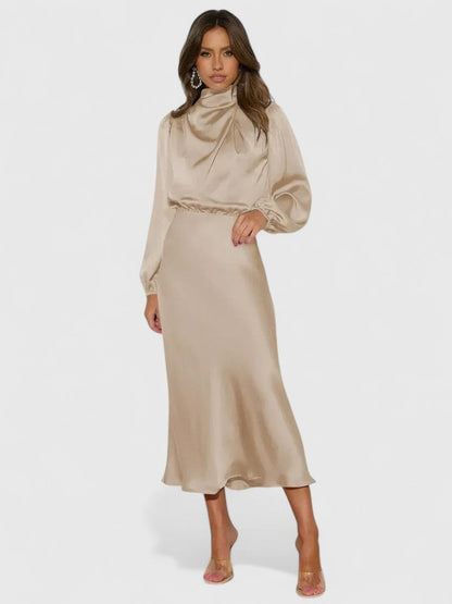 Calantha | Elegant Maxi Dress in Beige Satin