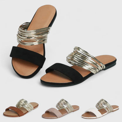 Calantha | Elegant Black Gold Metallic Strap Sandals