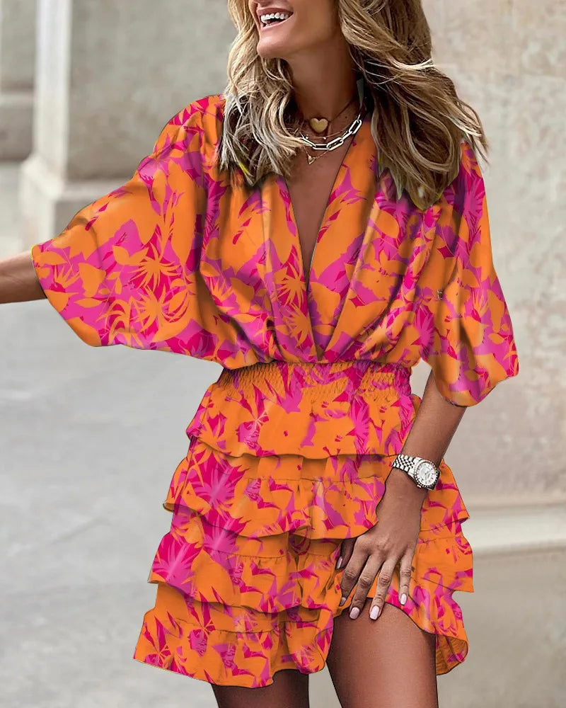 Alethea | Women’s Boho Printed Ruffle Mini Dress in Vibrant Yellow