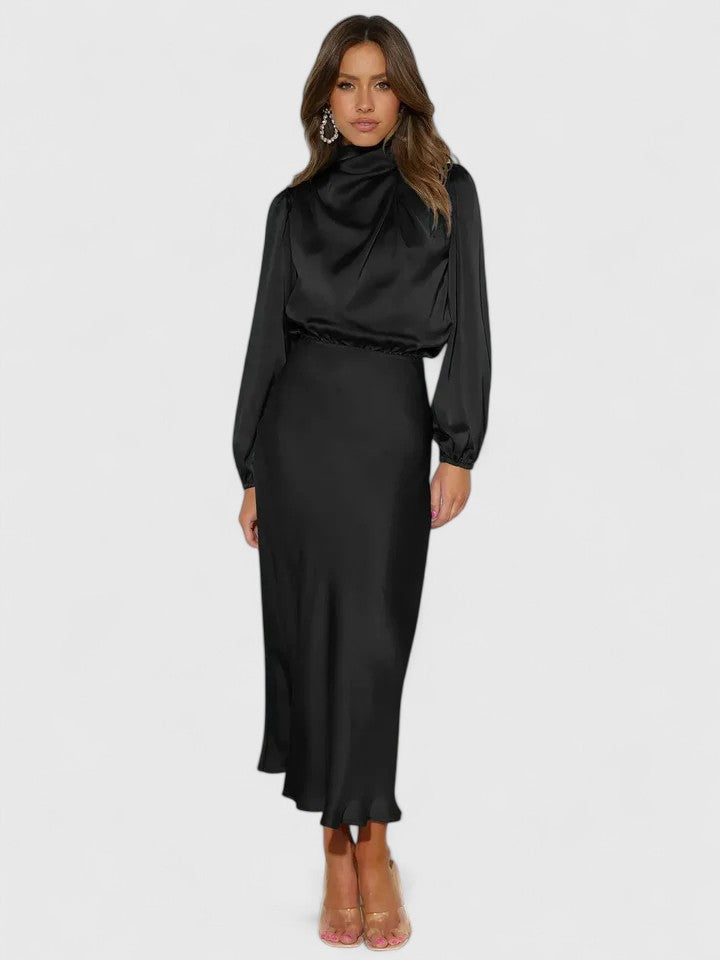 Calantha | Elegant Maxi Dress in Beige Satin