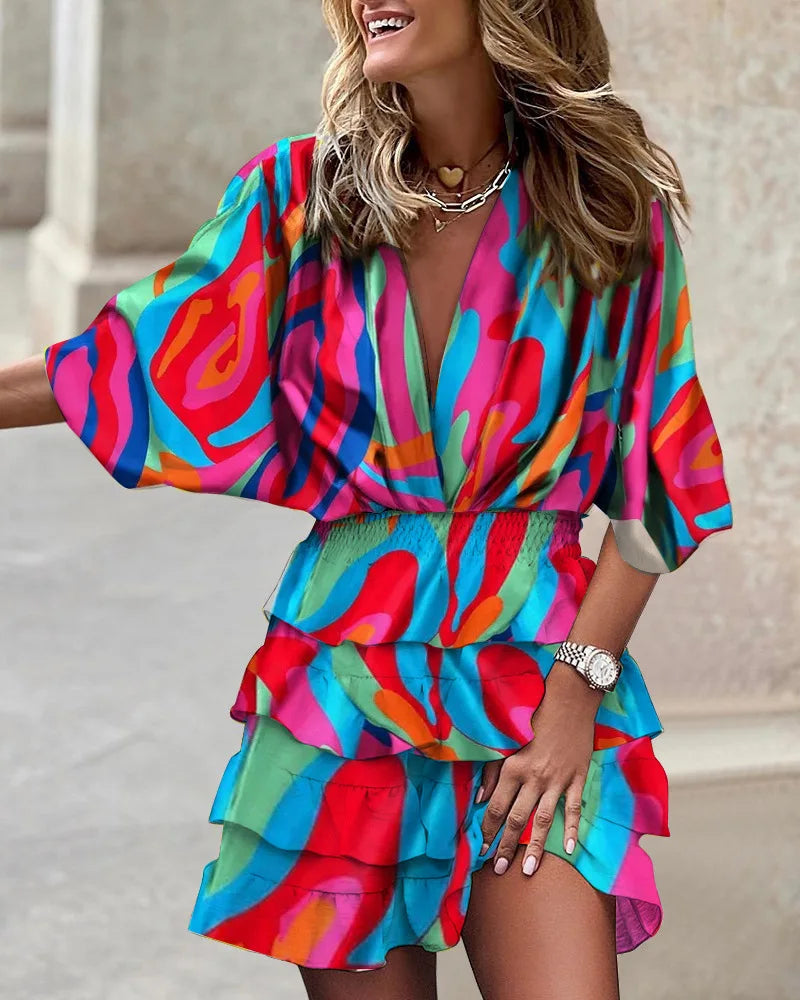 Alethea | Women’s Boho Printed Ruffle Mini Dress in Vibrant Yellow