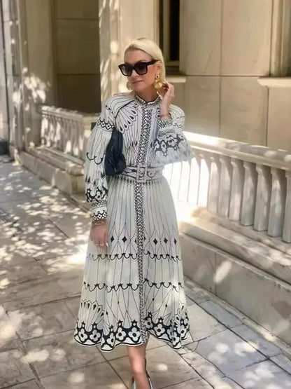 Calista | Elegant Black & White Women's Printed Long Sleeve A Line Midi Dress