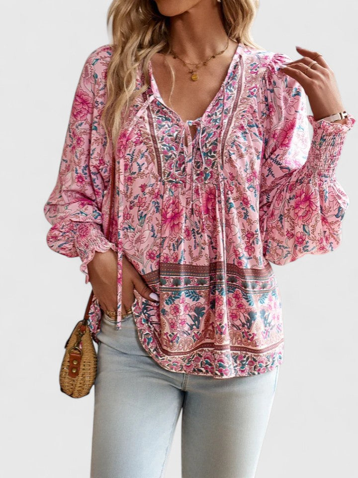 Calista | Women's Boho Floral Pink Long Sleeve Peasant Top