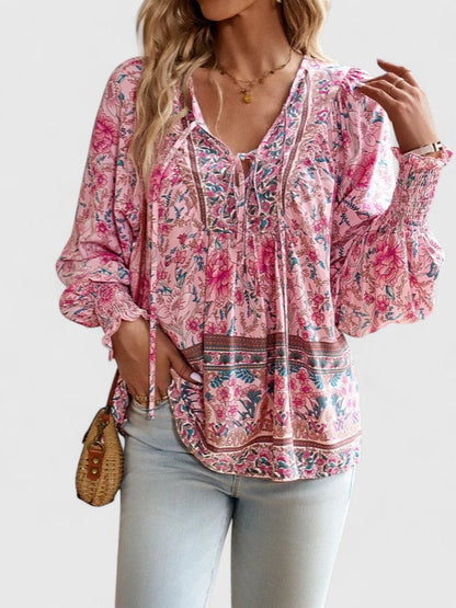 Calista | Women's Boho Floral Pink Long Sleeve Peasant Top