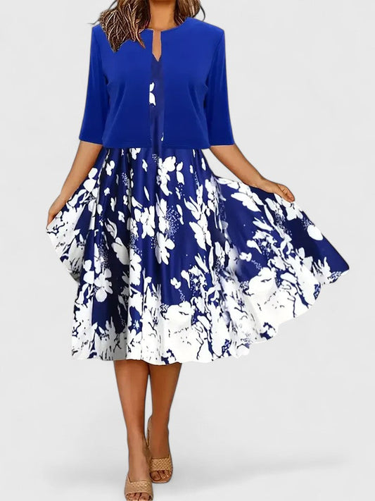 Royal Blue Women’s Floral Three Quarter Sleeve A Line Midi Dress