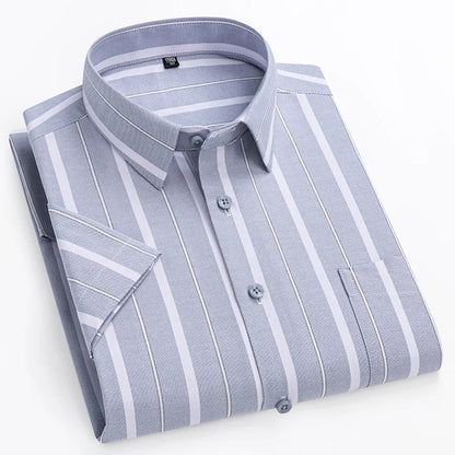 Bram | Navy Striped Short-Sleeve Cotton Shirt