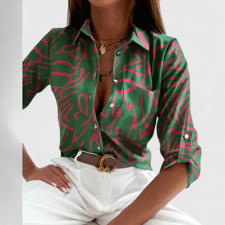Calista | Elegant Black & Beige Geometric Long Sleeve Blouse