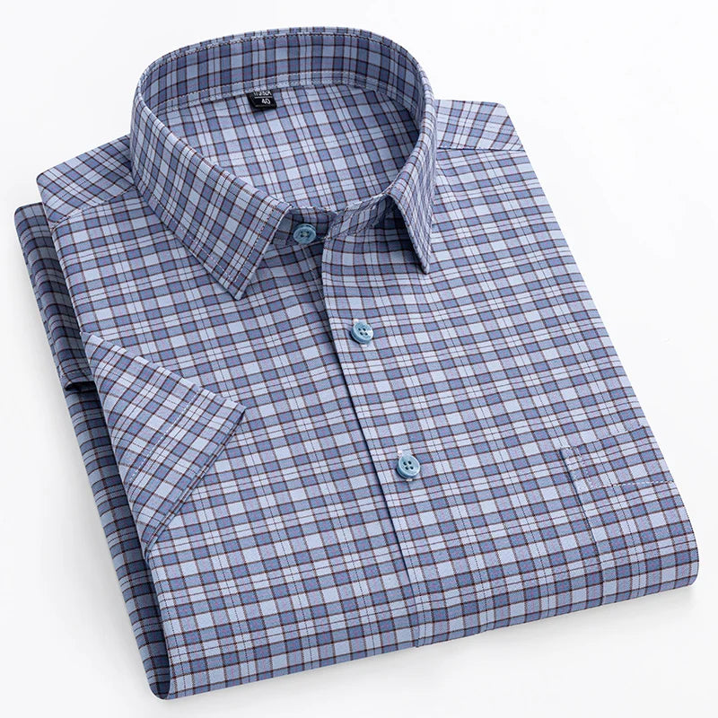 Bram | Navy Striped Short-Sleeve Cotton Shirt