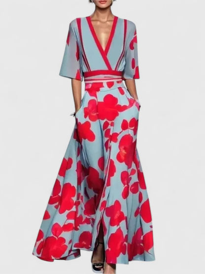 Calista | Elegant Floral Maxi Dress with V-Neck - Light Blue & Red