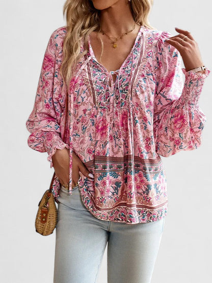 Calista | Women's Boho Floral Pink Long Sleeve Peasant Top