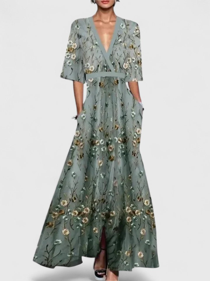 Calista | Elegant Floral Maxi Dress with V-Neck - Light Blue & Red
