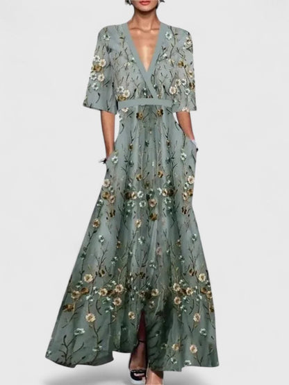 Calista | Elegant Floral Maxi Dress with V-Neck - Light Blue & Red