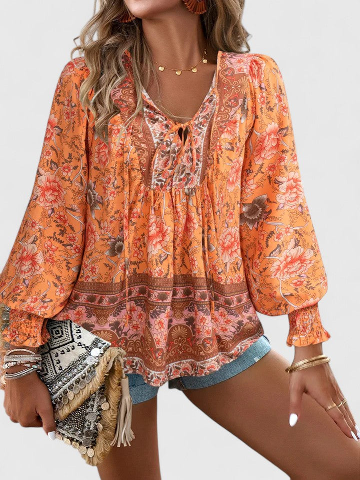Calista | Women's Boho Floral Pink Long Sleeve Peasant Top
