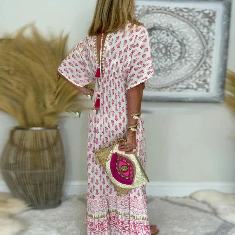 Astrid | Women's Boho Chic Pink Tassel Detail Short Sleeve Maxi Dress