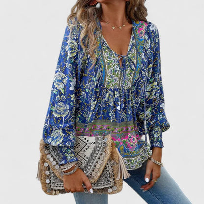 Calista | Women's Boho Floral Pink Long Sleeve Peasant Top