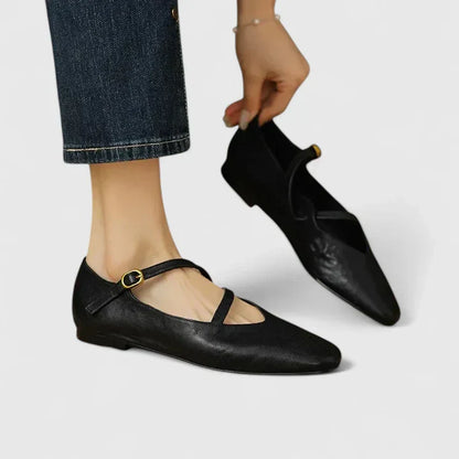 Alethea | Black Leather Mary Jane Orthopedic Flat Shoes