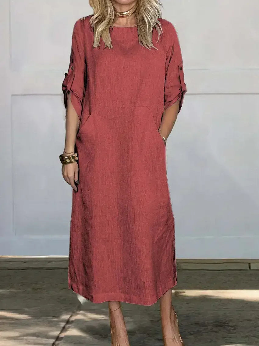 Alethea | Women's A-Line Loose Fit Draped White Linen Dress
