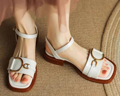 Calista | White Buckled Flat Sandals