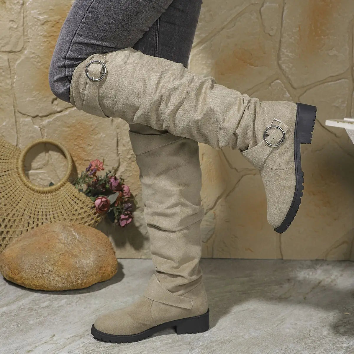 Calista | Grey Suede Knee High Boots
