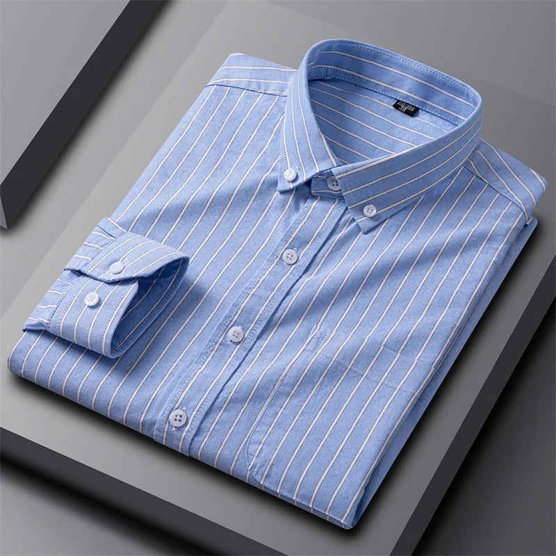 Astrid | Women's Striped Cotton Classic Oxford Shirt in Light Grey & Blue