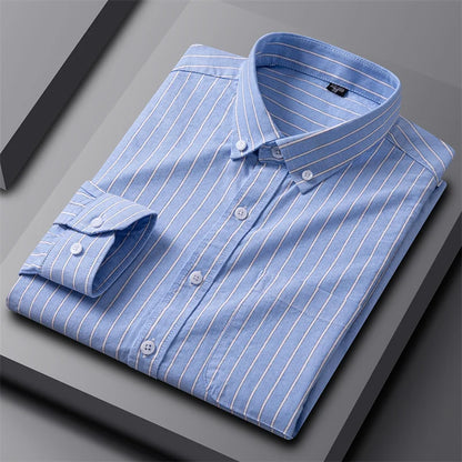 Astrid | Women's Striped Cotton Classic Oxford Shirt in Light Grey & Blue