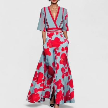 Calista | Elegant Floral Maxi Dress with V-Neck - Light Blue & Red