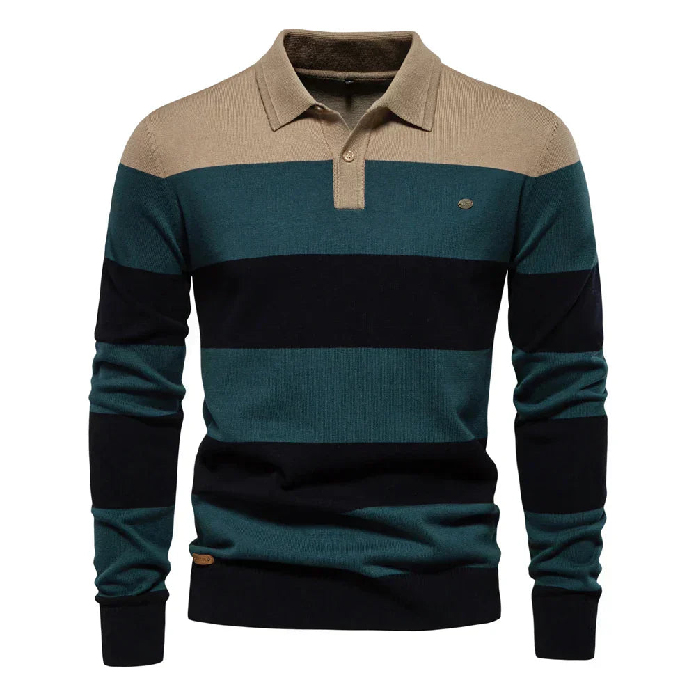 Evelyn | Evelyn | Navy Blue Cuffed Long Sleeve Striped Polo Pullover Sweater