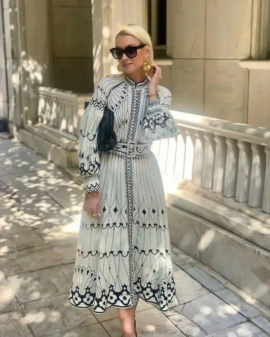 Calista | Elegant Black & White Women's Printed Long Sleeve A Line Midi Dress