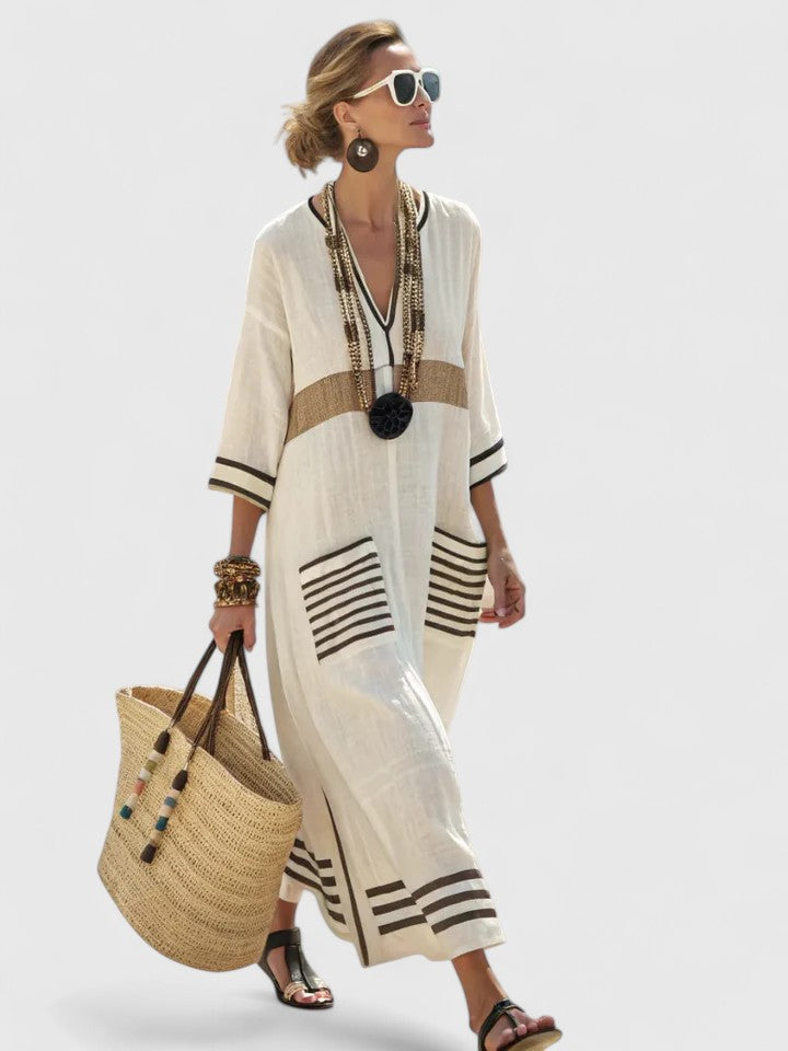 Calista | Elegant Maxi Dress in White with Pink Stripes