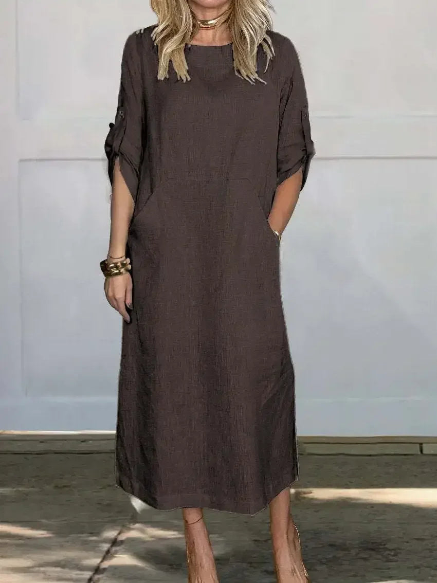 Alethea | Women's A-Line Loose Fit Draped White Linen Dress
