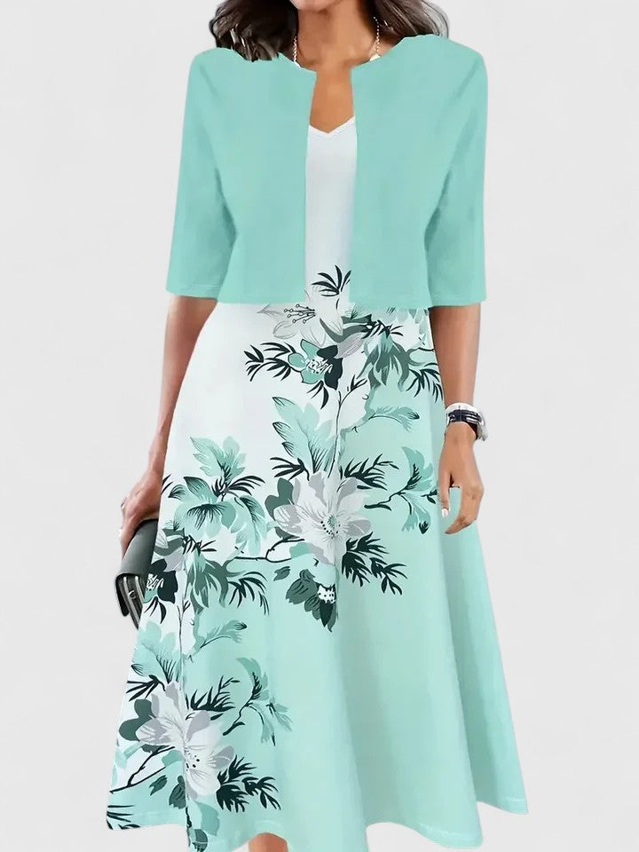 Royal Blue Women’s Floral Three Quarter Sleeve A Line Midi Dress