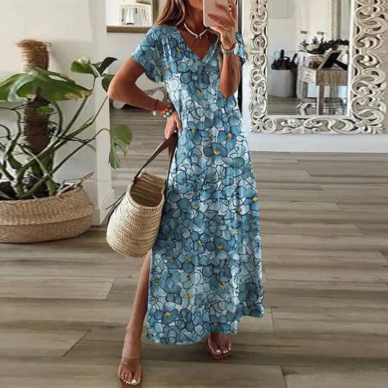 Calista | Women’s Summer Boho Printed Maxi Dress with V-Neck & Side Slit