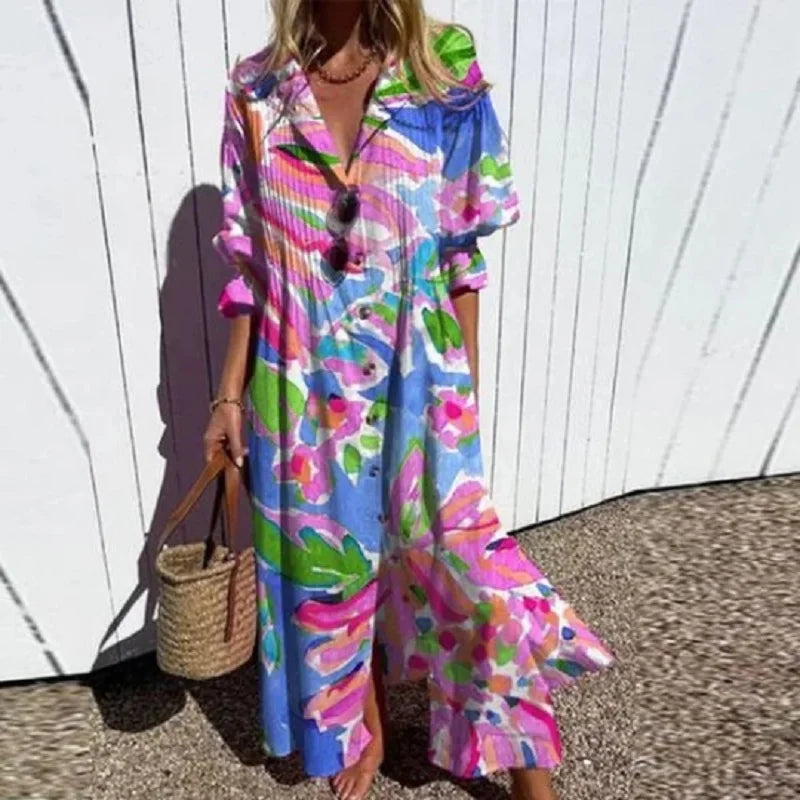 Astrid | Women’s Boho Floral Long Sleeve Maxi Dress with V-Neck & Short Sleeves