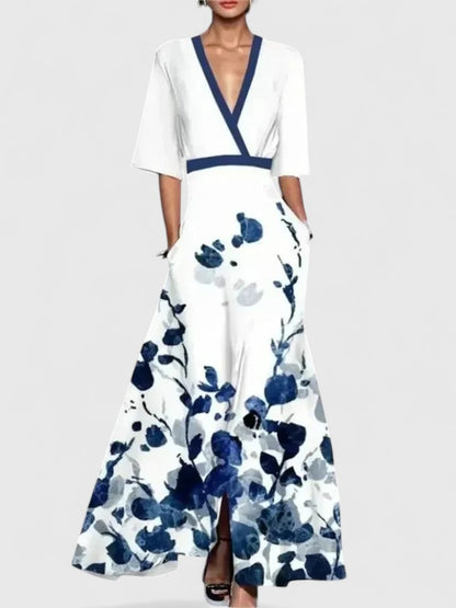 Calista | Elegant Floral Maxi Dress with V-Neck - Light Blue & Red