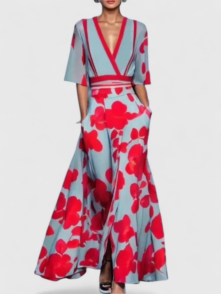 Calista | Elegant Floral Maxi Dress with V-Neck - Light Blue & Red