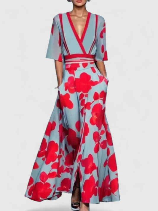 Calista | Elegant Floral Maxi Dress with V-Neck - Light Blue & Red