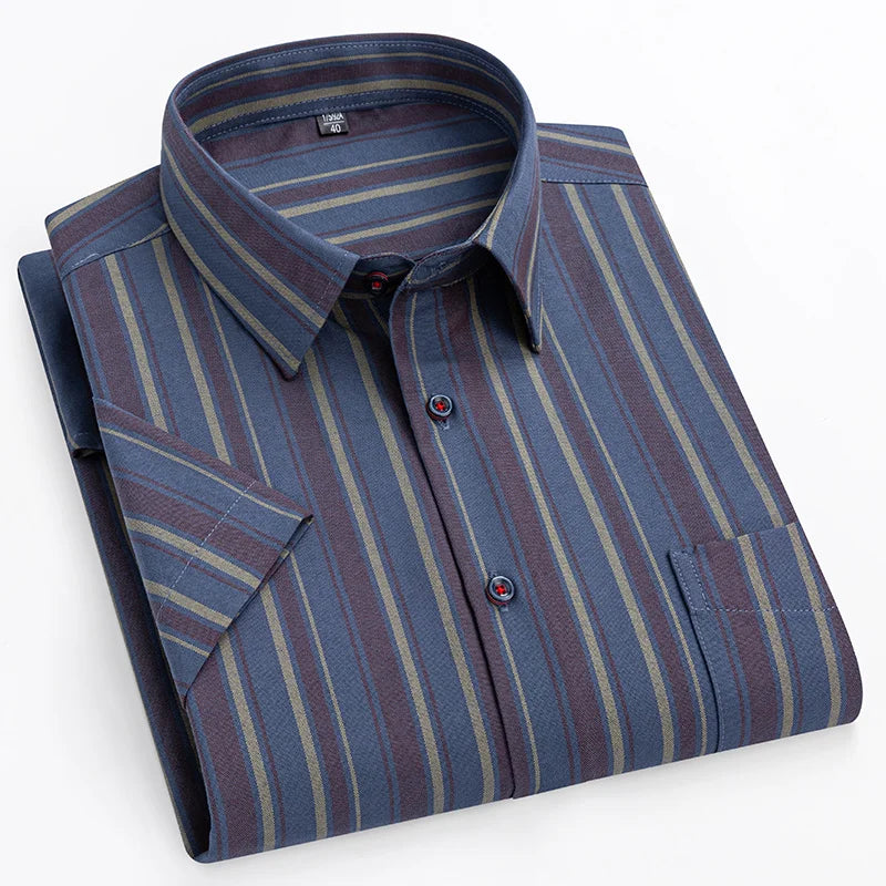 Benedict | Navy Striped Short-Sleeve Cotton Shirt