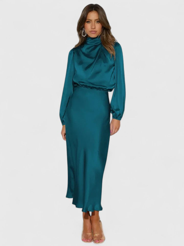 Calantha | Elegant Maxi Dress in Beige Satin