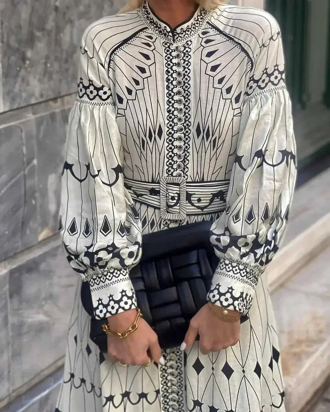 Calista | Elegant Black & White Women's Printed Long Sleeve A Line Midi Dress