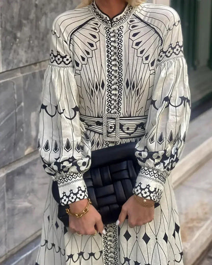 Calista | Elegant Black & White Women's Printed Long Sleeve A Line Midi Dress