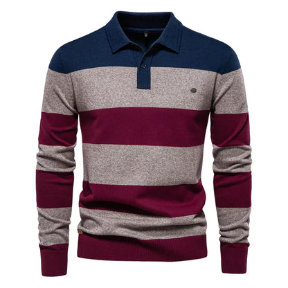 Evelyn | Elegant Long Sleeve Polo Neck Sweater in Striped Knit with Navy and Burgundy Tones