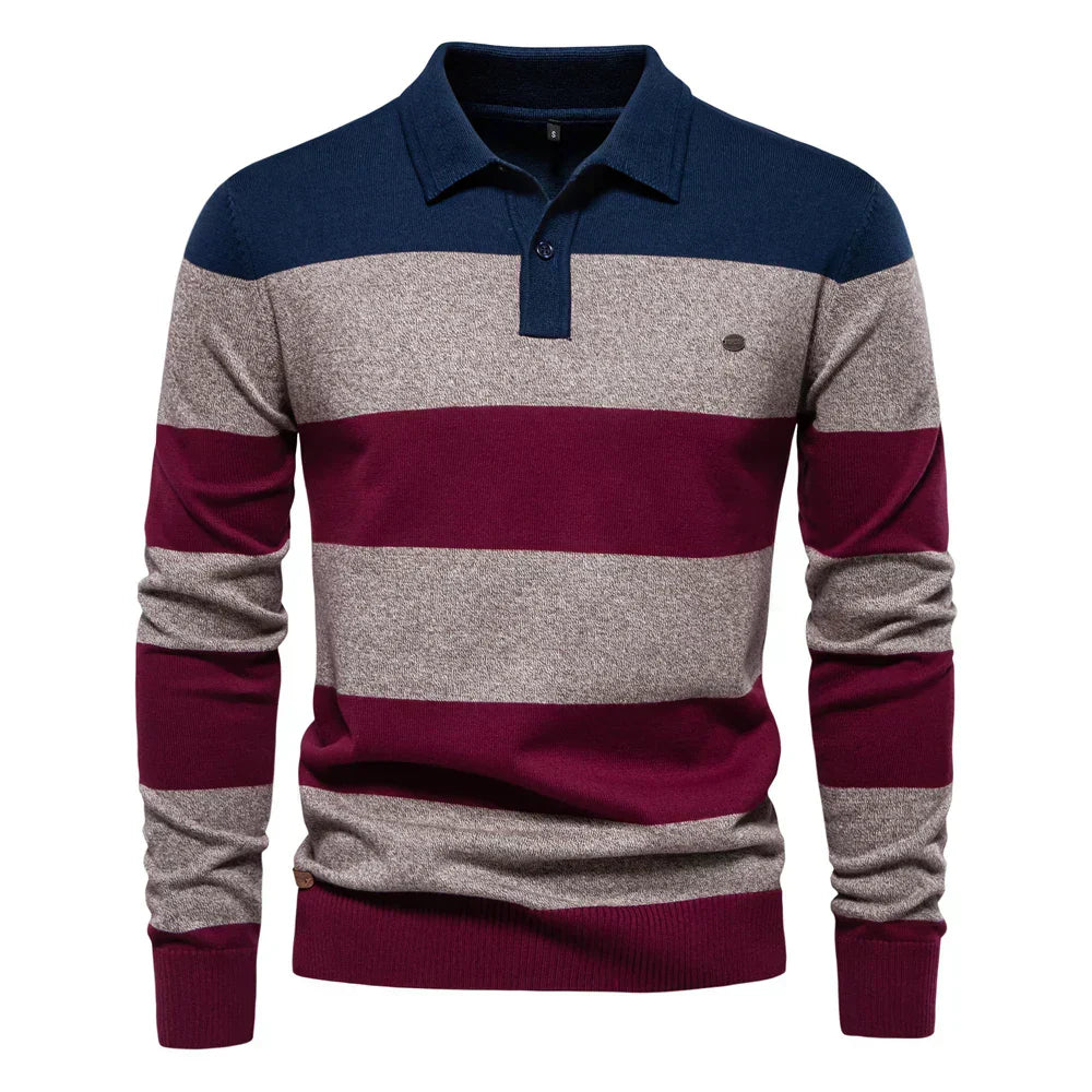Evelyn | Evelyn | Navy Blue Cuffed Long Sleeve Striped Polo Pullover Sweater