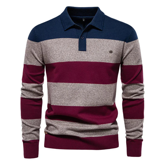 Evelyn | Evelyn | Navy Blue Cuffed Long Sleeve Striped Polo Pullover Sweater