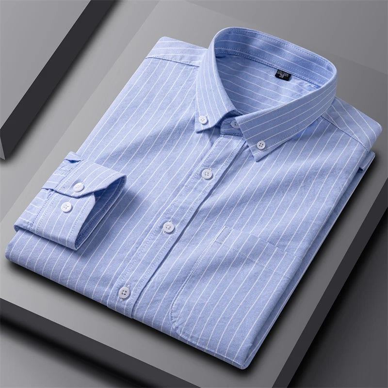 Astrid | Women's Striped Cotton Classic Oxford Shirt in Light Grey & Blue