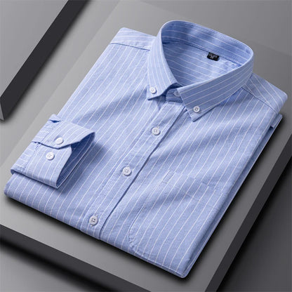 Astrid | Women's Striped Cotton Classic Oxford Shirt in Light Grey & Blue