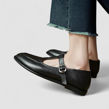 Calanthe | Black Leather Orthopedic Mary Jane Low Heel Shoes