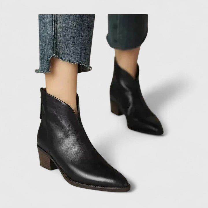 Alethea | Elegant Black Leather Boots with Block Heel