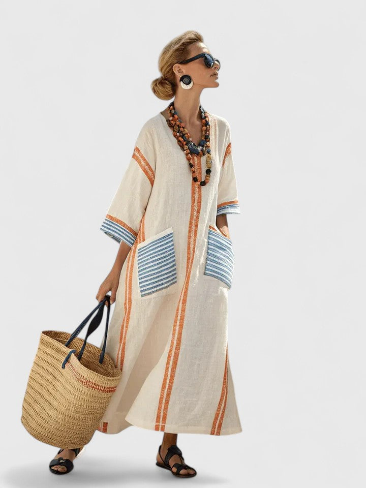Calista | Elegant Maxi Dress in White with Pink Stripes